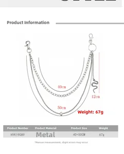 Double-layered silver trouser chain with 12cm snake pendant and size measurements detail