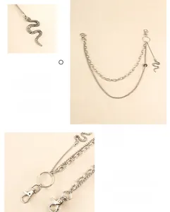 Double-layered silver trouser chain with snake pendant and 360-degree rotating clasp