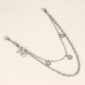 Detail view of double-layer punk hip hop wallet chain with dragon and star charms
