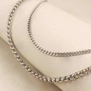 Double-layered silver curb and box chain necklace set in minimalist hip-hop punk style