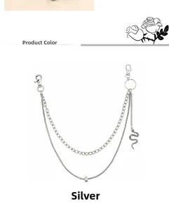 Close-up of double-layer silver trouser chain with snake charm and droplet buckle