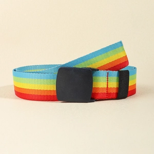 Cintura in tela a righe arcobaleno con fibbia a doppio anello nero opaco per tutti