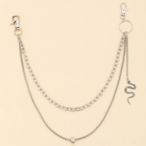 Silver double layered trousers chain with snake pendant and industrial lobster clasps