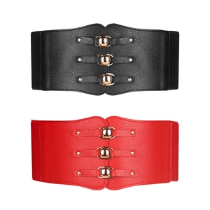 Women Fashion Wide Elastic Corset Belt With Metal Bead Decoration Retro PU Leather Waist Band Slimming Waist Cinch For Coat Dress