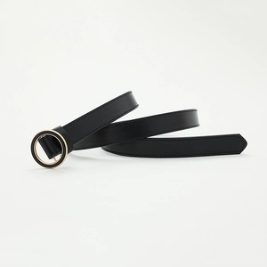 Cintura minimalista in pelle nera per donna con elegante fibbia rotonda dorata