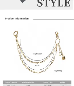 Detailed technical diagram of double-layer metal pant chain with ring and lock pendant