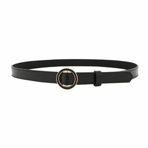 Cintura minimalista in pelle nera per jeans con fibbia rotonda in metallo dorato lucido