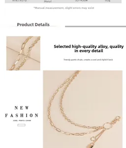 Detailed view of double-layer gold metal waist chain with ring and hook clasp 55+45cm