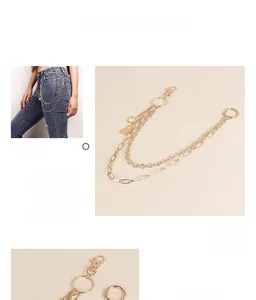 Double-layered gold metal pants chain with lobster clasps shown on blue jeans