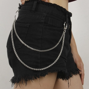Detail of silver double-layered hip-hop pant chain with heavy metal loops and lobster hooks