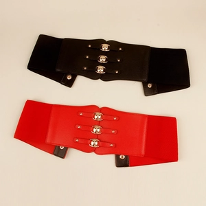 Elegant wide elastic waist belts for women in black and red with gold metal buckles
