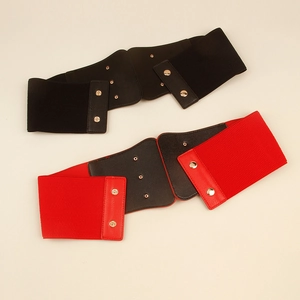 Elegant wide elastic waist belts in red and black with gold snap button closure