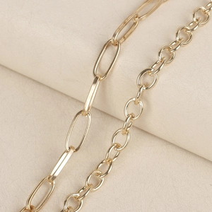 Double-layer gold paperclip chain necklace with round ring pendant in punk style