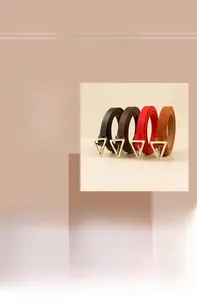 Set of four slim leather belts in black, brown, and red with gold triangle buckles