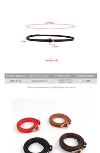 Detail view of skinny leather belts with gold triangle buckles in four classic colors