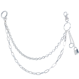 Close-up of double-layer silver metal pants chain with padlock pendant and punk style hardware