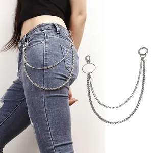 Punk Double Layer Metal Pants Chain Silver Gothic Streetwear Wallet Chain Ring Buckle Hooks Fashion Jewelry Accessory