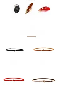 Detail of four colored leather belts featuring gold triangular buckles and punch holes