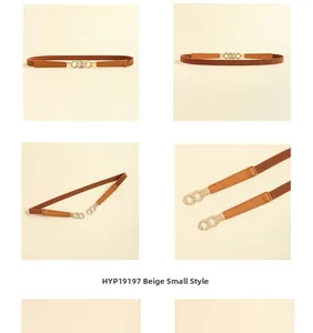 Detail of beige elastic waist belt with interlocking golden triple ring buckle style HYP19197