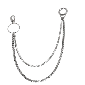Hip hop punk style silver double layer pants chain with metal rings and lobster clasp
