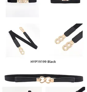 Detail showing black elastic skinny belt with a golden infinity symbol metal buckle