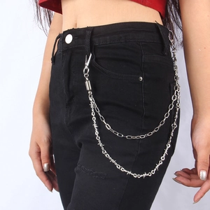 Detail of silver double-layered punk pant chain with barbed wire and lobster clasp