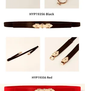 Detail of interlocking metal buckle and elastic fabric on women's slim waist belts