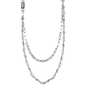 Double-layer silver metal pants chain with barbed wire and paperclip links for punk style