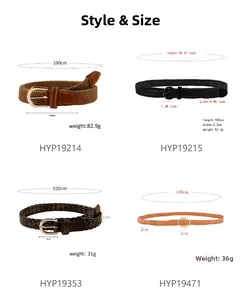 Size chart showing braided elastic belts with width, length and weight specifications