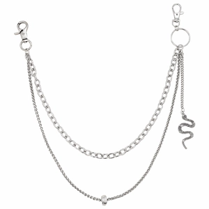 Double-layered silver trouser chain with snake pendant and teardrop lobster clasps