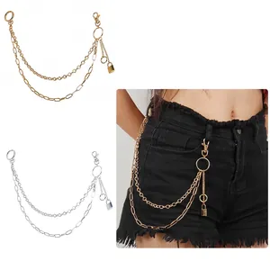 Punk Metal Double Layer Pants Chain With Lock Pendant Gold Silver Body Chain Belt For Women Streetwear Accessory