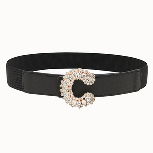 Elastic black waist belt for women with sparkling rhinestone C-letter buckle and gold metal