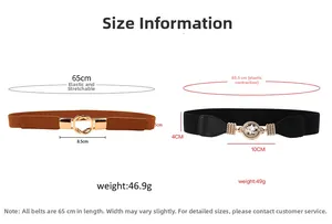 Size chart showing thin brown elastic belt and black rhinestone buckle waist belt
