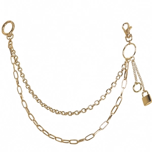 Double-layered gold metal pants chain with punk style padlock pendant and rings