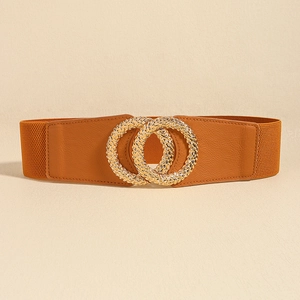 Detail showing elastic wide waist belt with golden double ring buckle and litchi texture