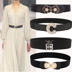 Women Elastic Corset Belt Floral C Letter Buckle Rhinestone Artificial Pearl Embellished Stretch Waistband For Dresses Coats