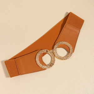 Women's wide elastic waist belt with double round interlocking rings in ginger brown