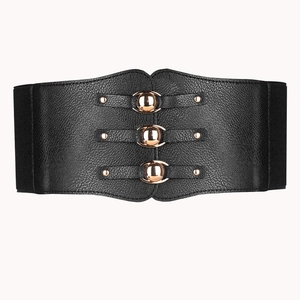 Elegant wide corset belt for women with rose gold beads and black textured leather