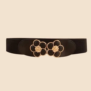 Women black elastic wide belt with golden rose flower buckle for dresses and shirts