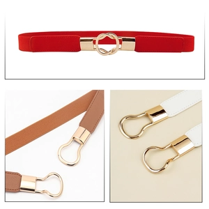 Detail of thin elastic waist belts with interlocking gold alloy rings in red, brown and white