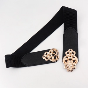 Women's black elastic wide waist belt with golden floral buckle and white pearls