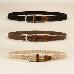 Elastic woven belt for jeans in black, tan and beige with silver D-ring metal buckle