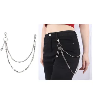 Hip Hop Punk Double Layer Metal Trouser Chain With Skull Charms Safety Pin Hook Gothic Streetwear Jeans Waist Belt Chain