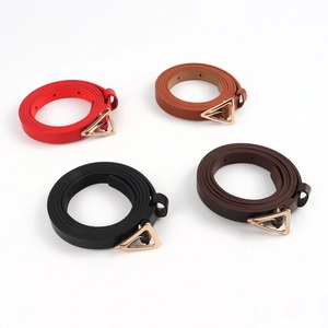 Detail view of slim leather belts with iconic gold triangle buckles in four colors