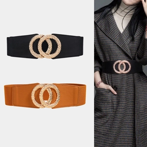 Women Elegant Elastic Corset Belt Textured Gold Double Ring Buckle Wide PU Leather Waistband Fashion Dress Accessory