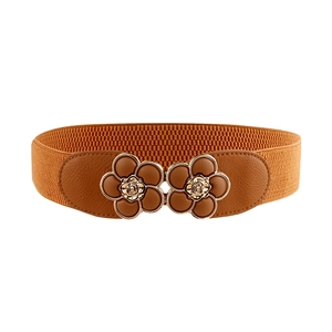 Women's brown elastic waist belt with double floral metallic buckle for dresses