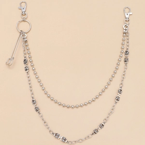 Double-layered punk skull pants chain with silver metal links and large safety pin