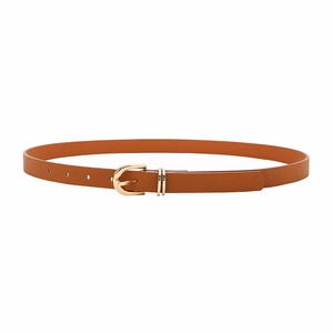 Ceinture fine marron texture litchi avec boucle fer à cheval dorée pour femme