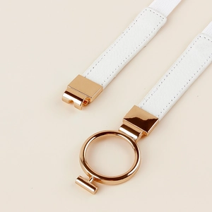 Minimalist white elastic thin waist belt with a decorative golden circular metal buckle