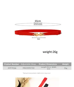Dimensions détaillées de la ceinture élastique rouge avec boucle rose dorée
